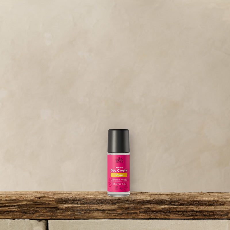 URTEKRAM Roll-On Deo Crystal Rose, Bottle on a shelf.