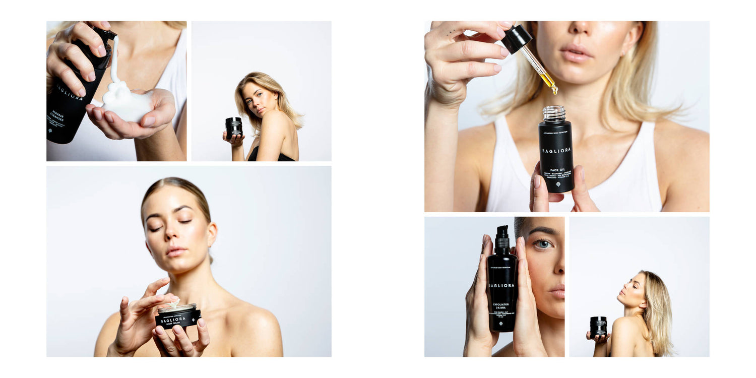 Bagliora Clean Beauty. Collage - women using the products.