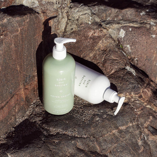 Björk & Berries Never Spring, Body Lotion & Soap on a cliff