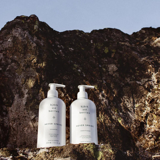 BJÖRK & BERRIES Never Spring Hair Care Products, 2 bottles on a cliff