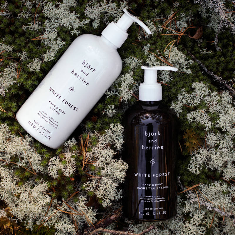 Björk & Berries White Forest Body Care products in nature