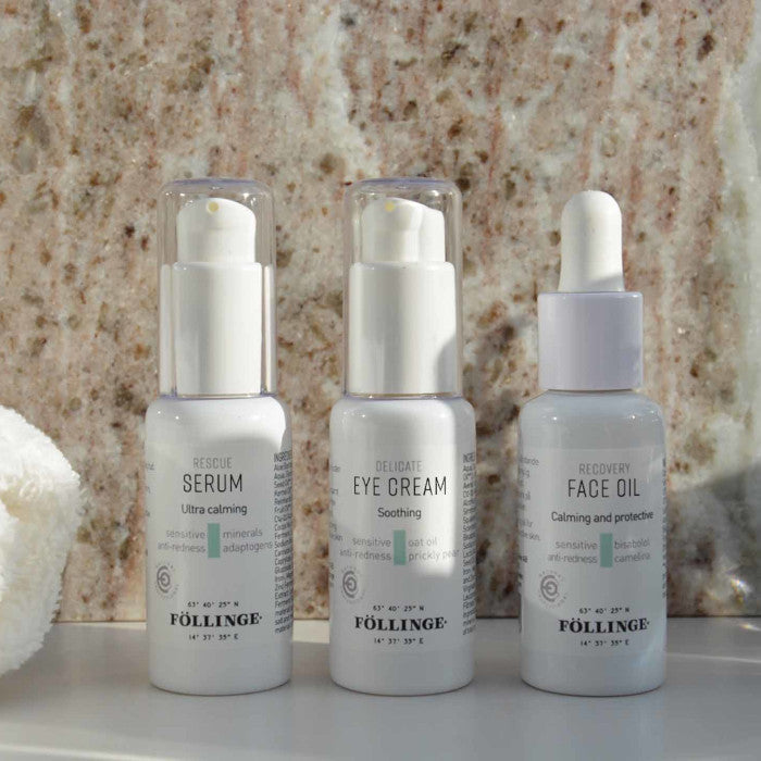 FÖLLINGE Pro Sensitive - skin care products. 3 bottles in bathroom