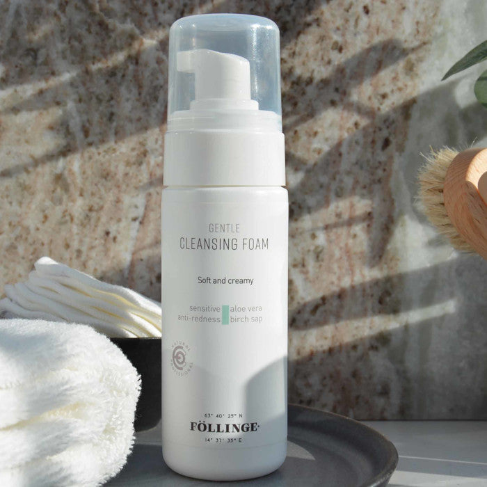 FÖLLINGE Pro Sensitive - Gentle Foam Cleanser, Aloe Vera & Birch Sap, bottle in bathroom
