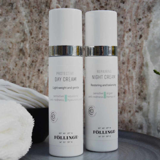 FÖLLINGE Pro Sensitive - Repairing Night Cream & Day Cream. Bottles in bathroom.