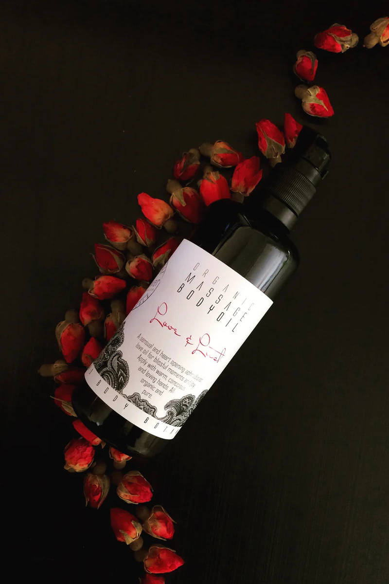 KALIFLOWER ORGANICS Massage- und Körperöl, Love & Lust, Flasche + Rosen