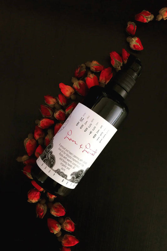 KALIFLOWER ORGANICS Massage- und Körperöl, Love & Lust, Flasche + Rosen