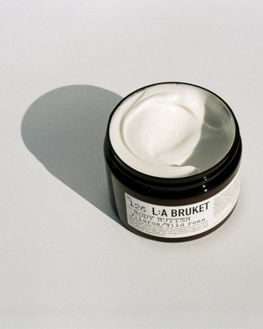 L:a Bruket no 126 Body Butter Wild Rose, open jar