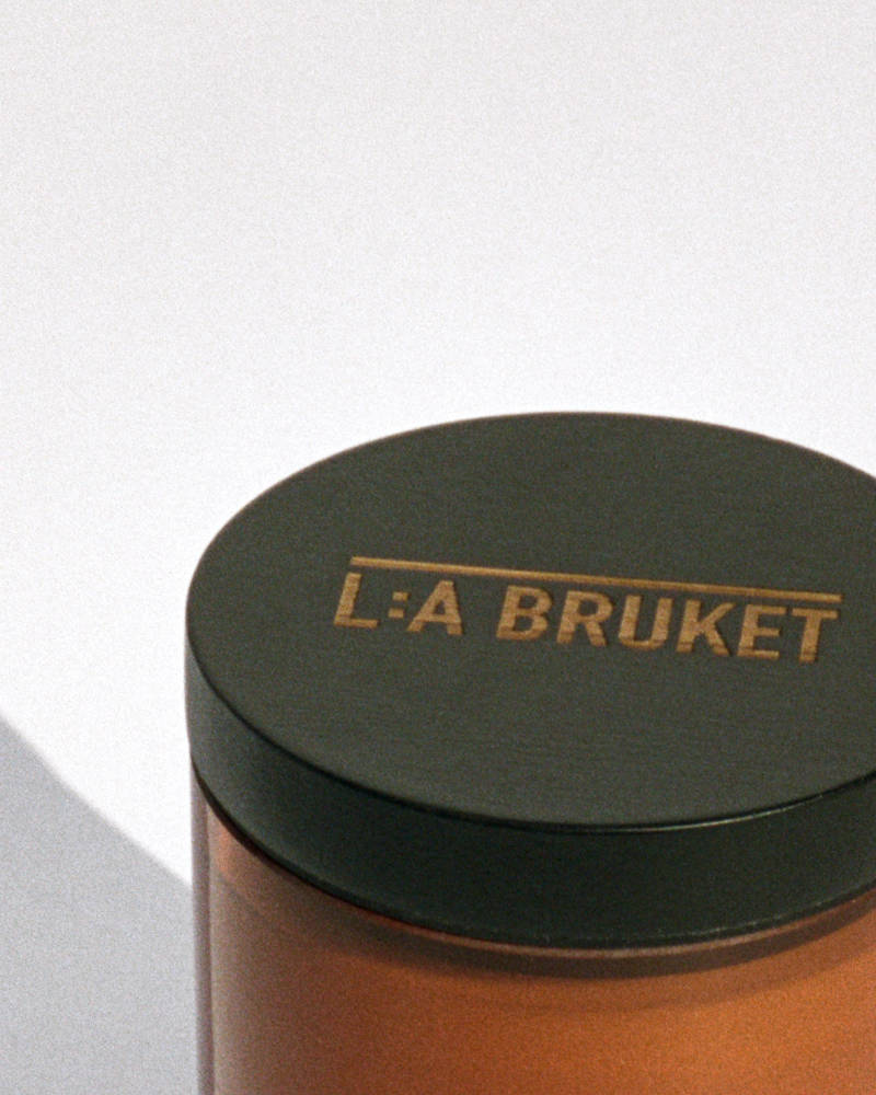 L:a Bruket scented candle, close up 