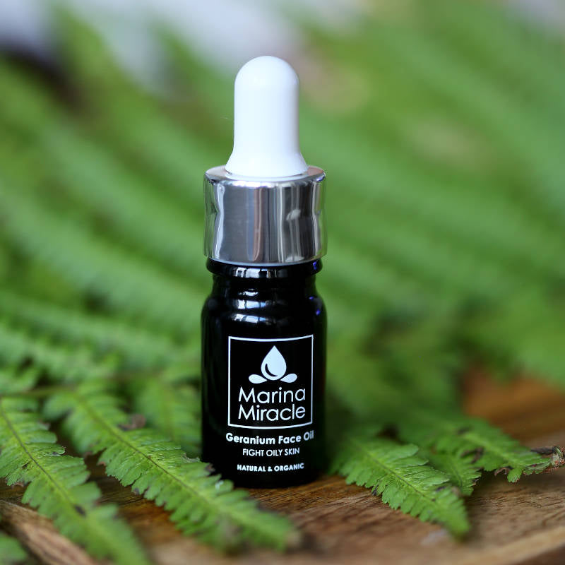 Marina Miracle Geranium Face Oil, travel size + green leaves