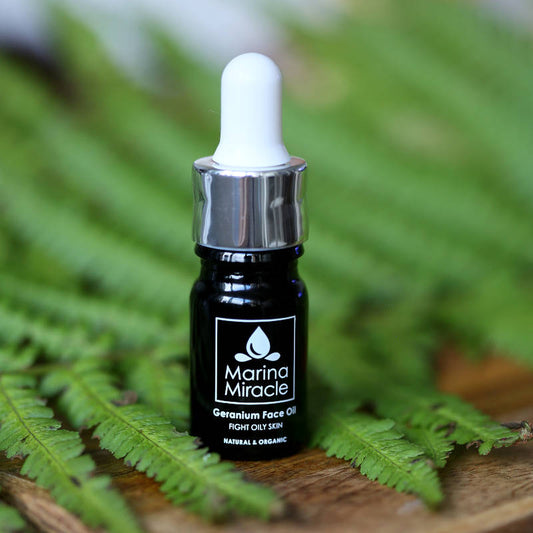 Marina Miracle Geranium Face Oil, travel size + green leaves