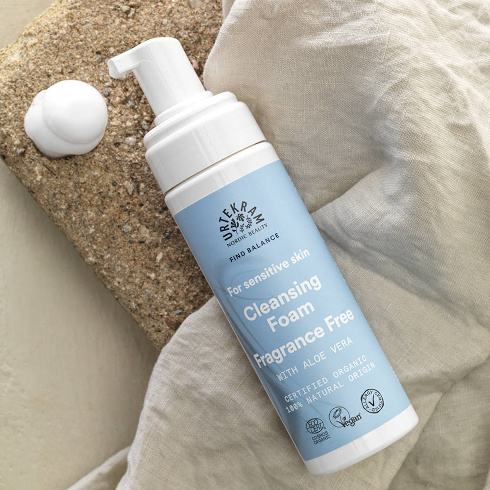 URTEKRAM Cleansing Foam, Fragrance Free, bottle on towel