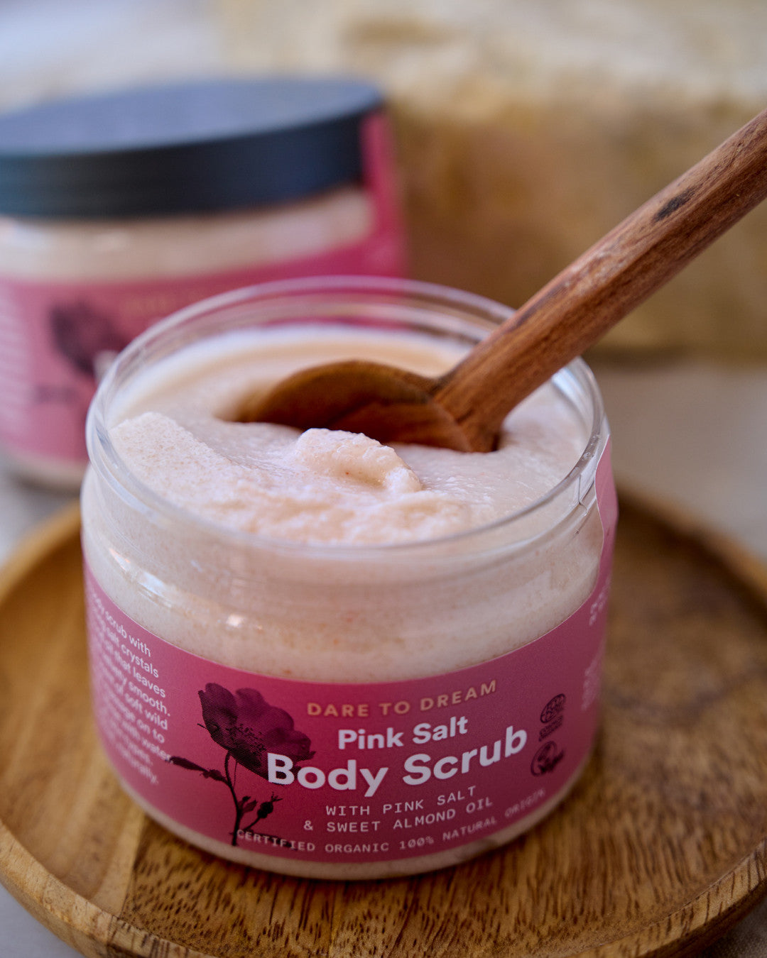URTEKRAM Body Scrub, pink salt, open jar with spoon